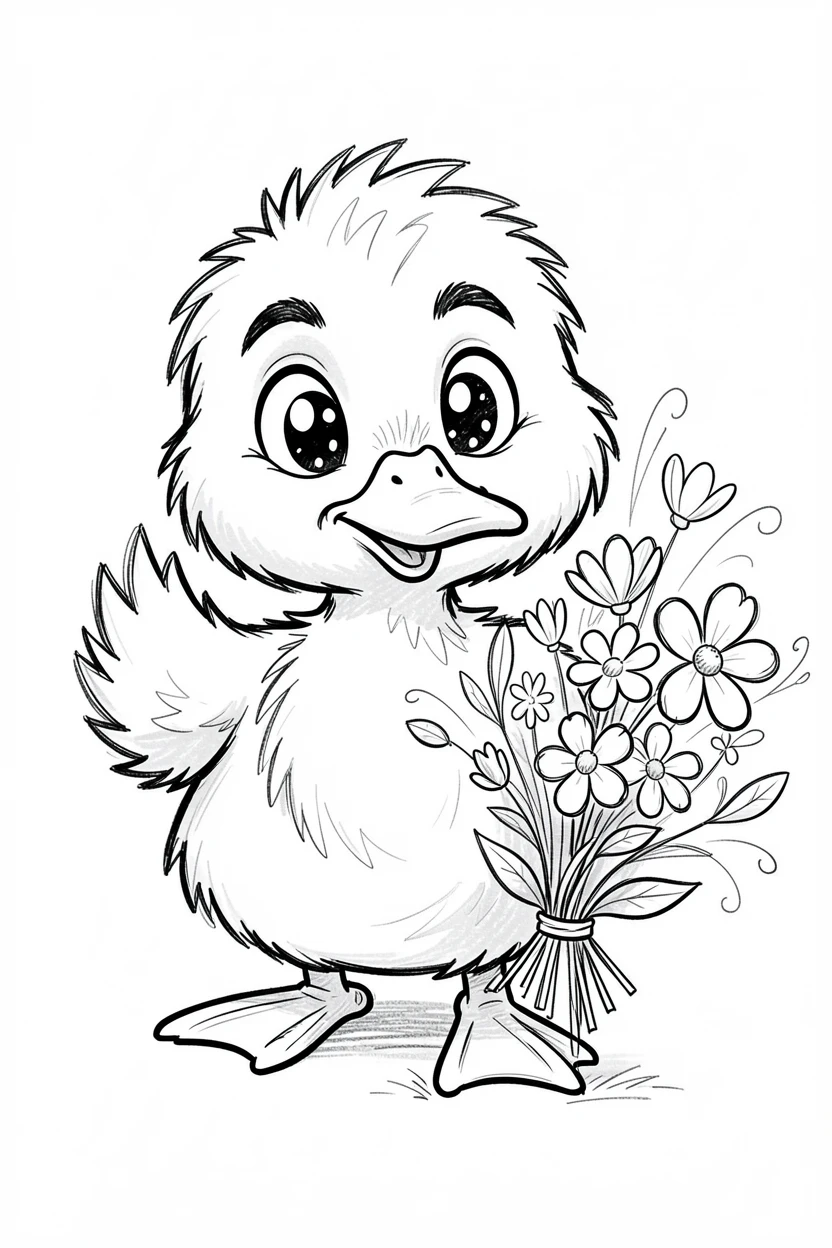 [Cute Animals & Pets] Adorable scene of a fluffy duckling sniffing a bouquet of flowers, bursting with charm and playful energy