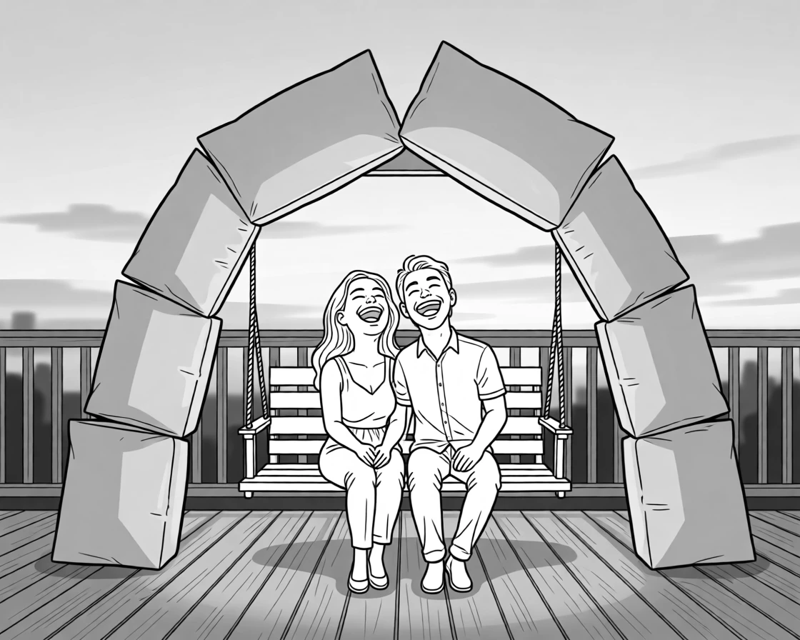 A couple taking a goofy photo booth strip together, collapsing the fort with a burst of shared laughter, set on a creaky porch swing at dusk. Couch cushions form a lopsided, collapsing archway. The image glows with easy, unforced affection.