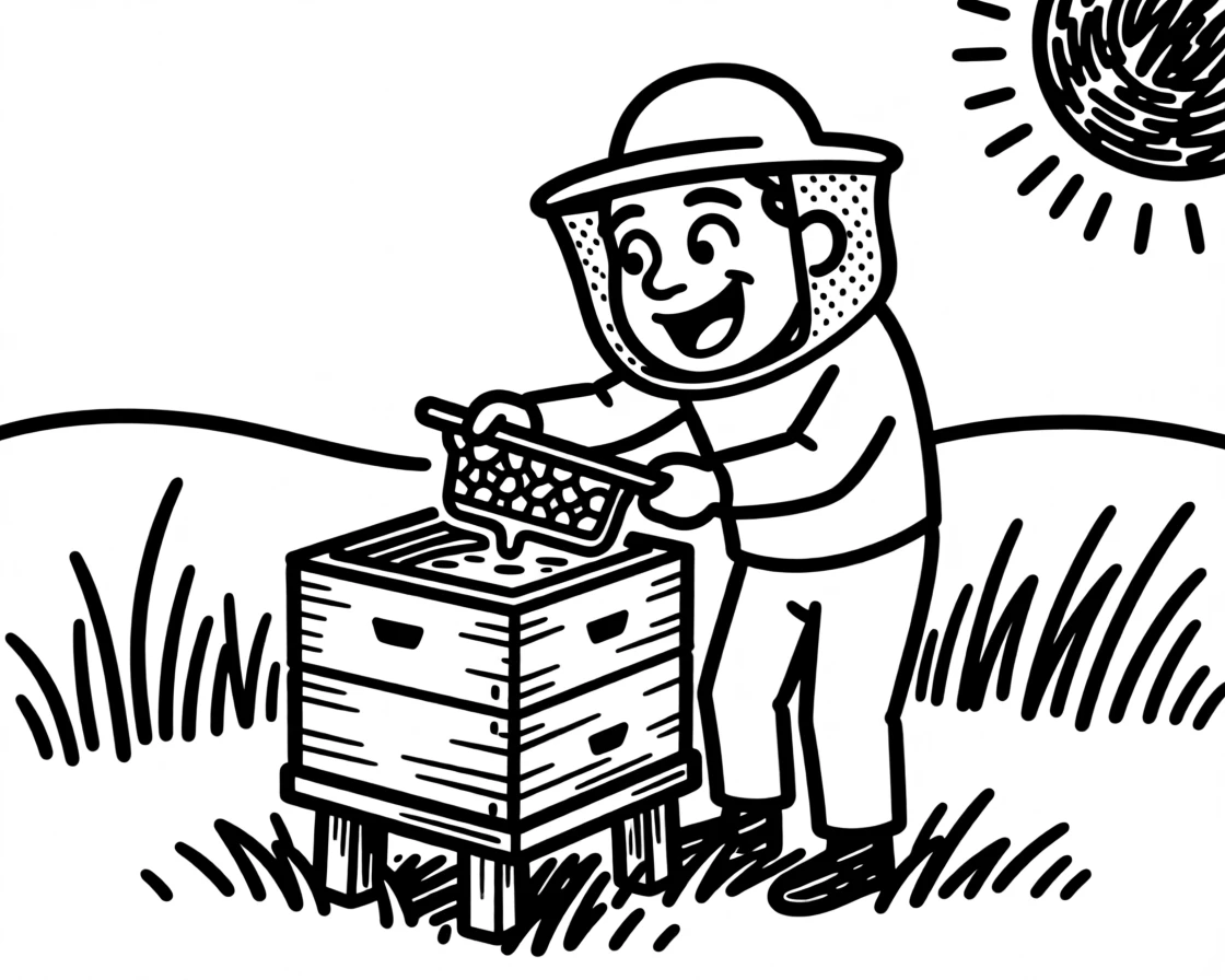 A beekeeper harvesting golden honey from a wooden hive in a sunny meadow.