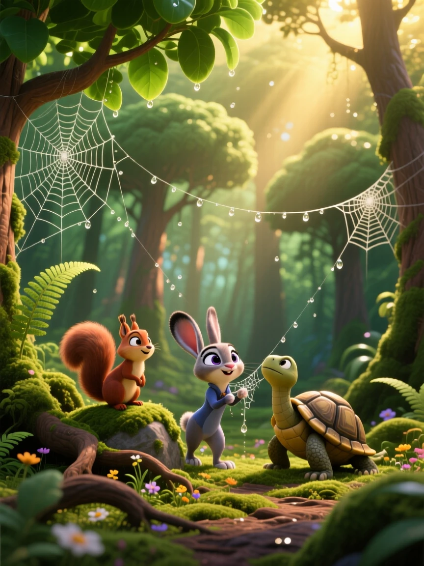 A dense emerald forest glows as golden hour light bathes everything in warm color, with delicate spider webs beaded with dew. The atmosphere feels fresh, alive, and untouched.
