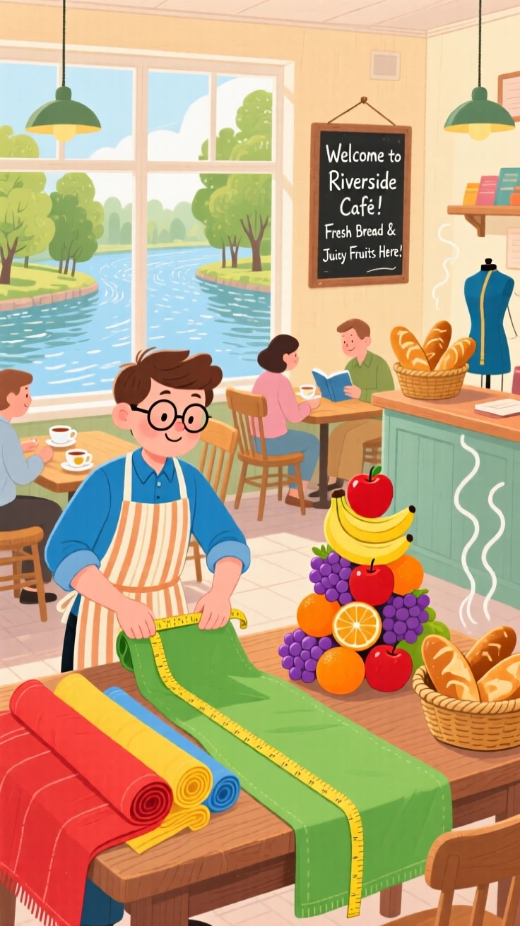 In a riverside café, a tailor measuring fabric is busy arranging fruit into a colorful pyramid, with the smell of fresh bread drifting through the air.