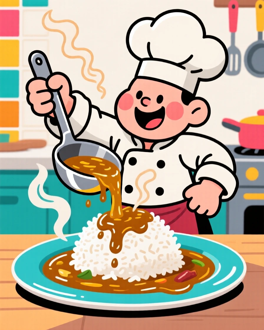 A chef ladling rich curry over a plate of steaming rice.