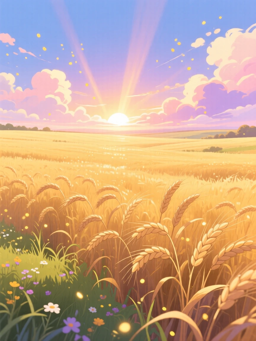 A breathtaking view of a golden wheat field stretching to the horizon, with sunlight breaking through scattered clouds in golden shafts, at sunrise, framed with a wide panoramic view.