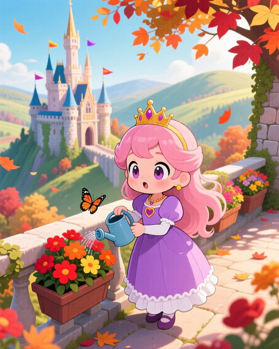 A young princess watering flower boxes on a castle balcony in a fairy-tale hilltop castle with autumn leaves swirling around; dappled sunlight through a canopy washes over the scene as gentle surprise fills the moment. High aerial view.