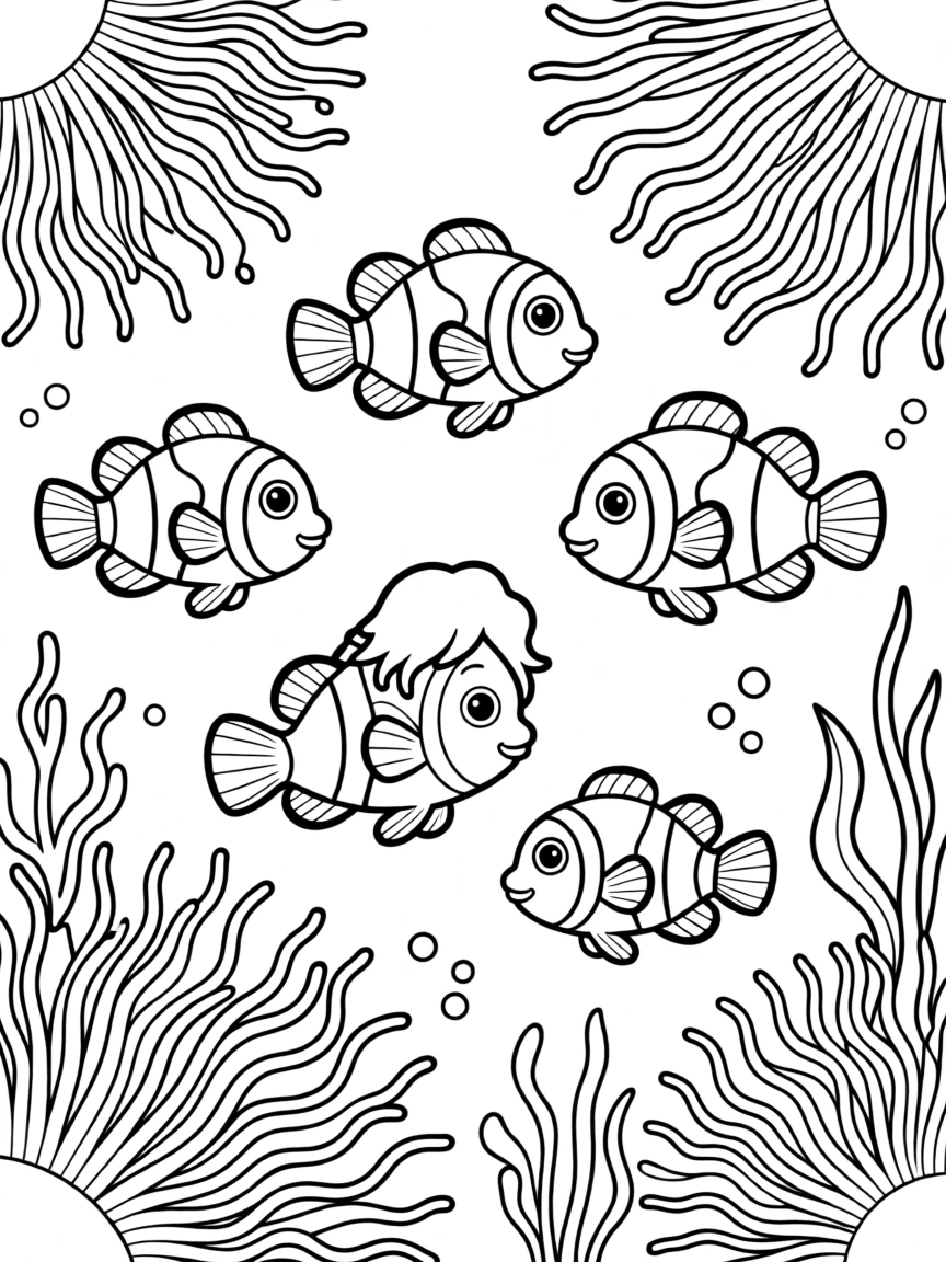 A school of clownfish swimming among sea anemones