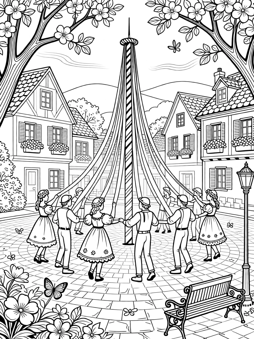 A springtime maypole dance scene in a village square full of blossoms.