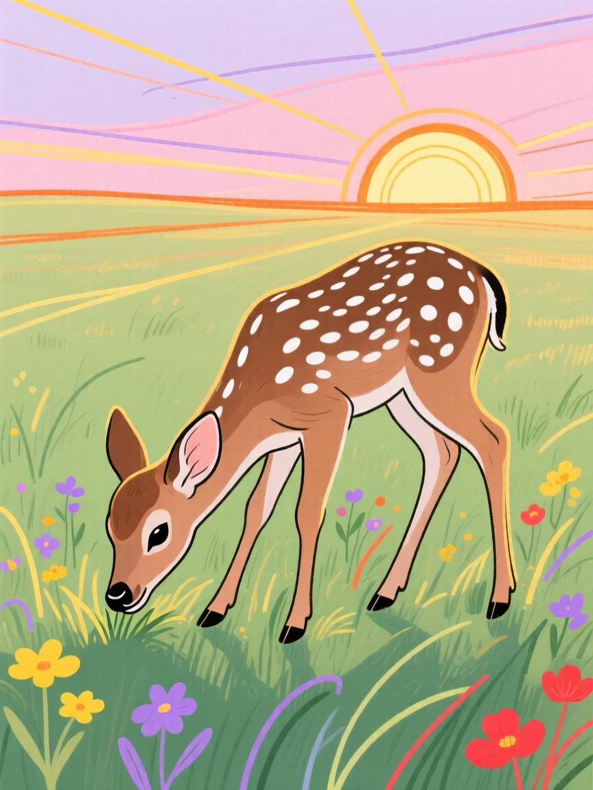A spotted fawn grazing in a sunlit meadow at sunset.