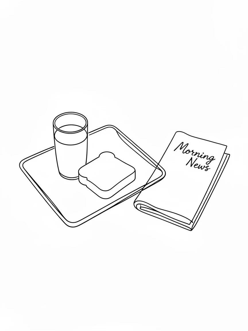 A breakfast tray with orange juice and toast set beside a morning newspaper