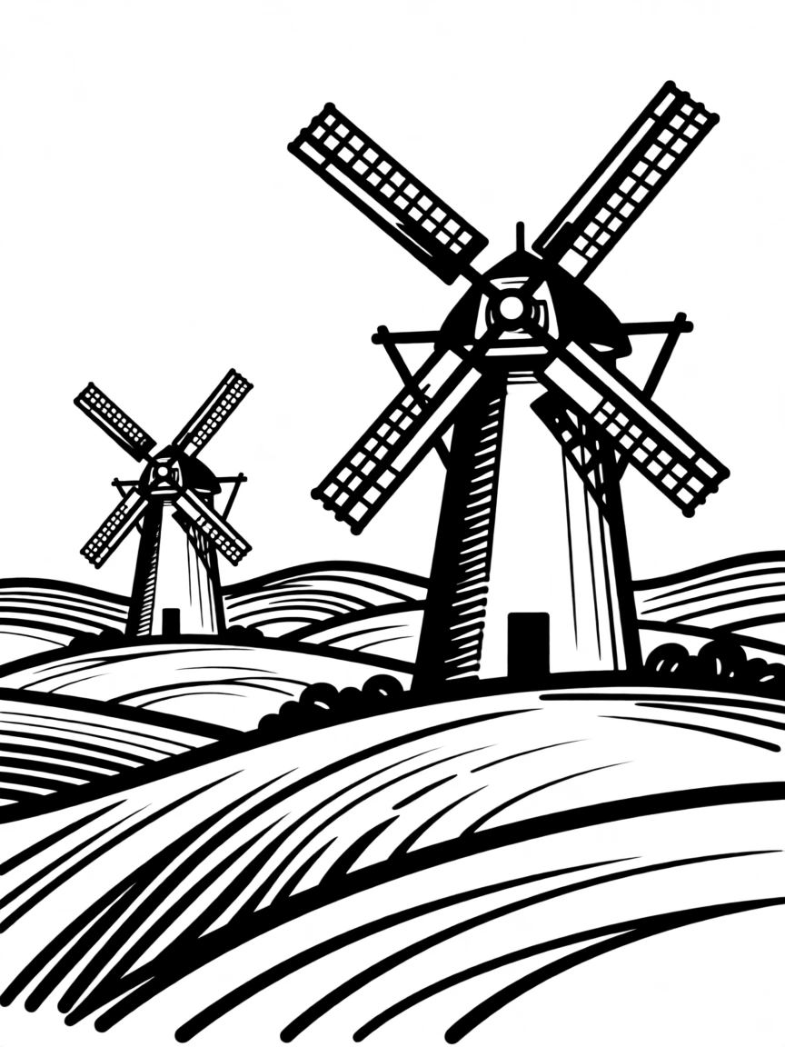 A traditional windmill farm standing along a rolling green countryside.