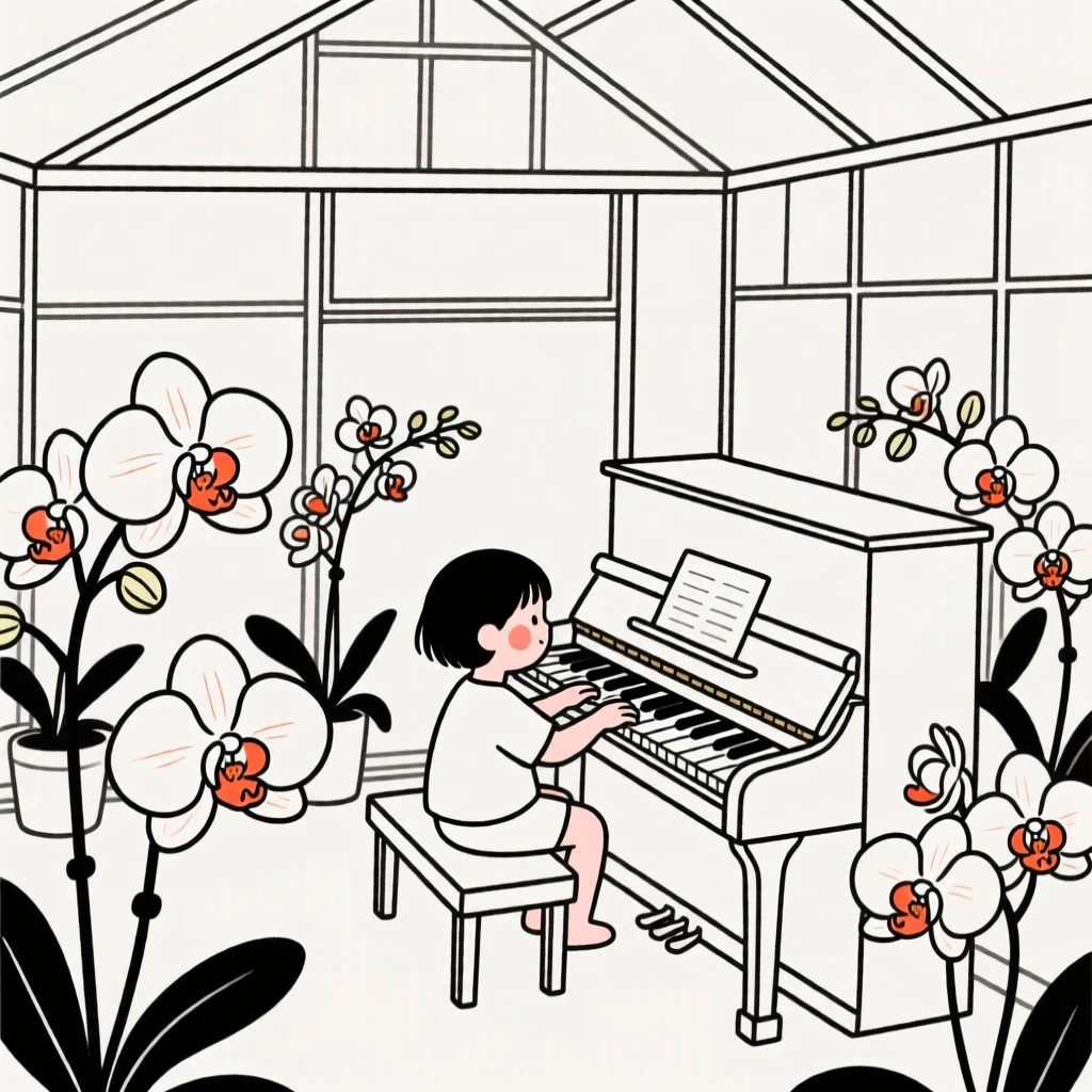 A small child playing the piano in a quiet room, in a greenhouse full of orchids.