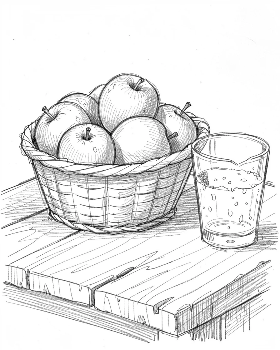 An appetizing still life of a basket of freshly picked apples on a rustic wooden table, with condensation glistening on a nearby glass.