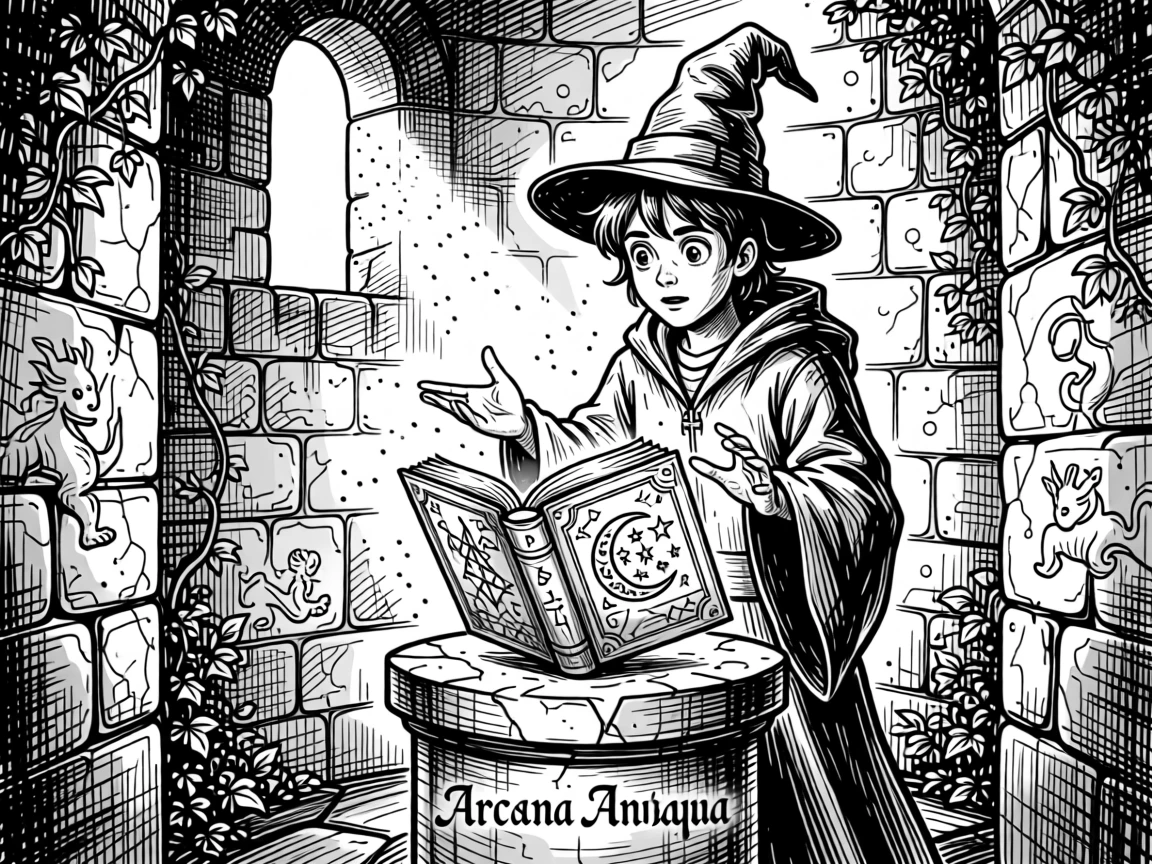 A young wizard discovering a hidden spellbook in an ancient forgotten tower.