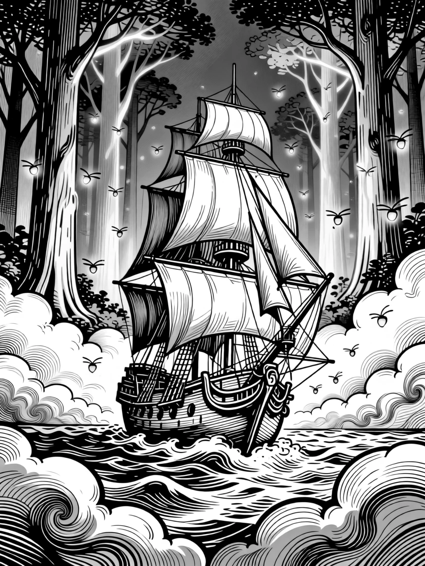 A ship sailing through a sea of clouds within a forest of towering luminous trees, with fireflies swirling like tiny lanterns, forming a hauntingly beautiful fantasy scene.