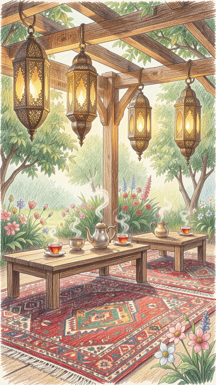 A Turkish tea garden with ornate lanterns and patterned rugs, with soft, natural light bringing warmth to every detail, full of charm, emotion, and visual delight.