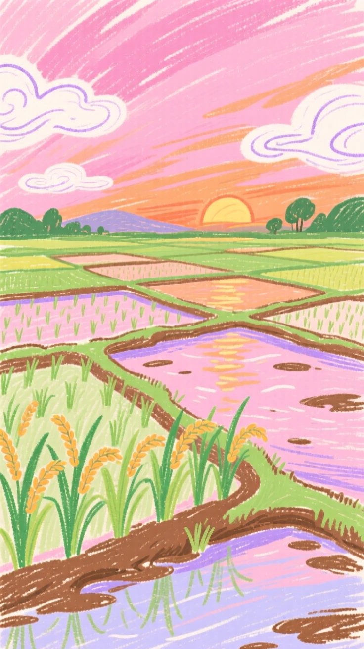 Rice paddies reflecting the pink glow of a setting sun.