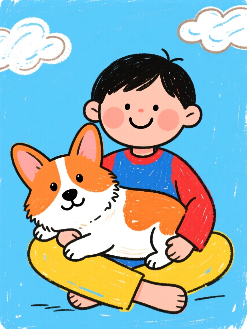 A friendly corgi resting its head on a child's lap.