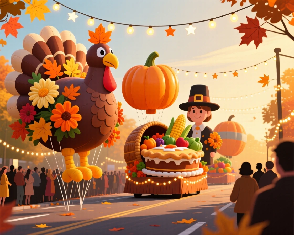 A colorful Thanksgiving parade with giant balloon floats, decorated with seasonal flowers and warm lighting, composed with a warm golden glow throughout, with warm twinkling lights adding a magical sparkle.