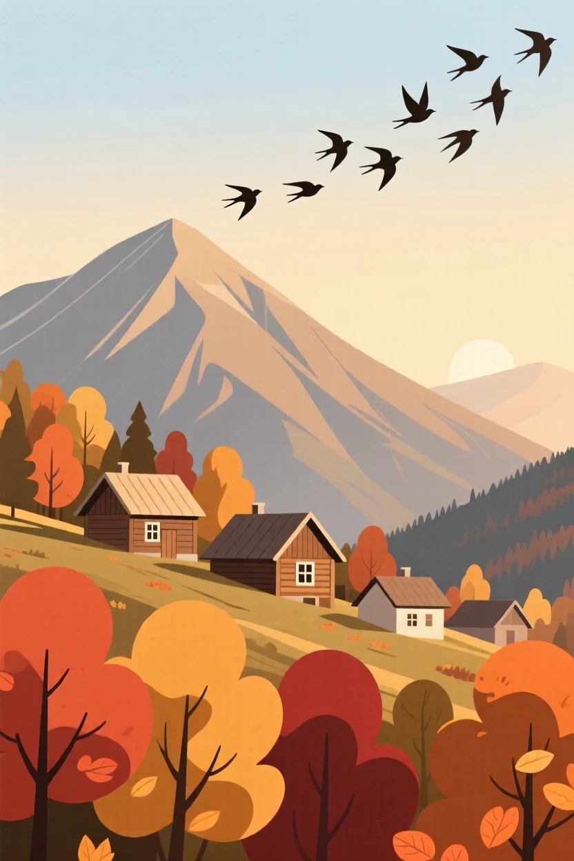 An autumn scene of birds migrating in a mountain village.