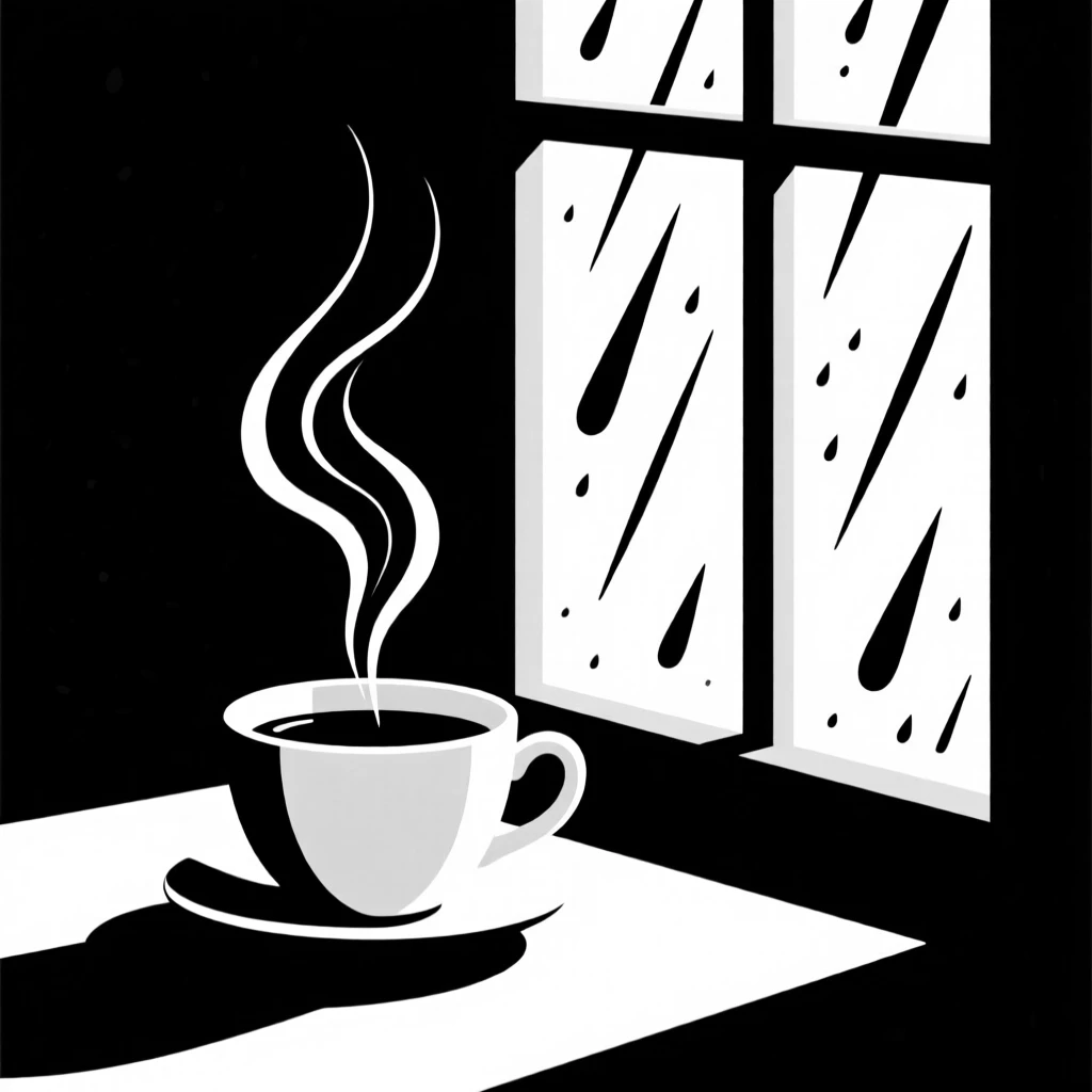 A cup of tea steaming beside a rain-streaked window.