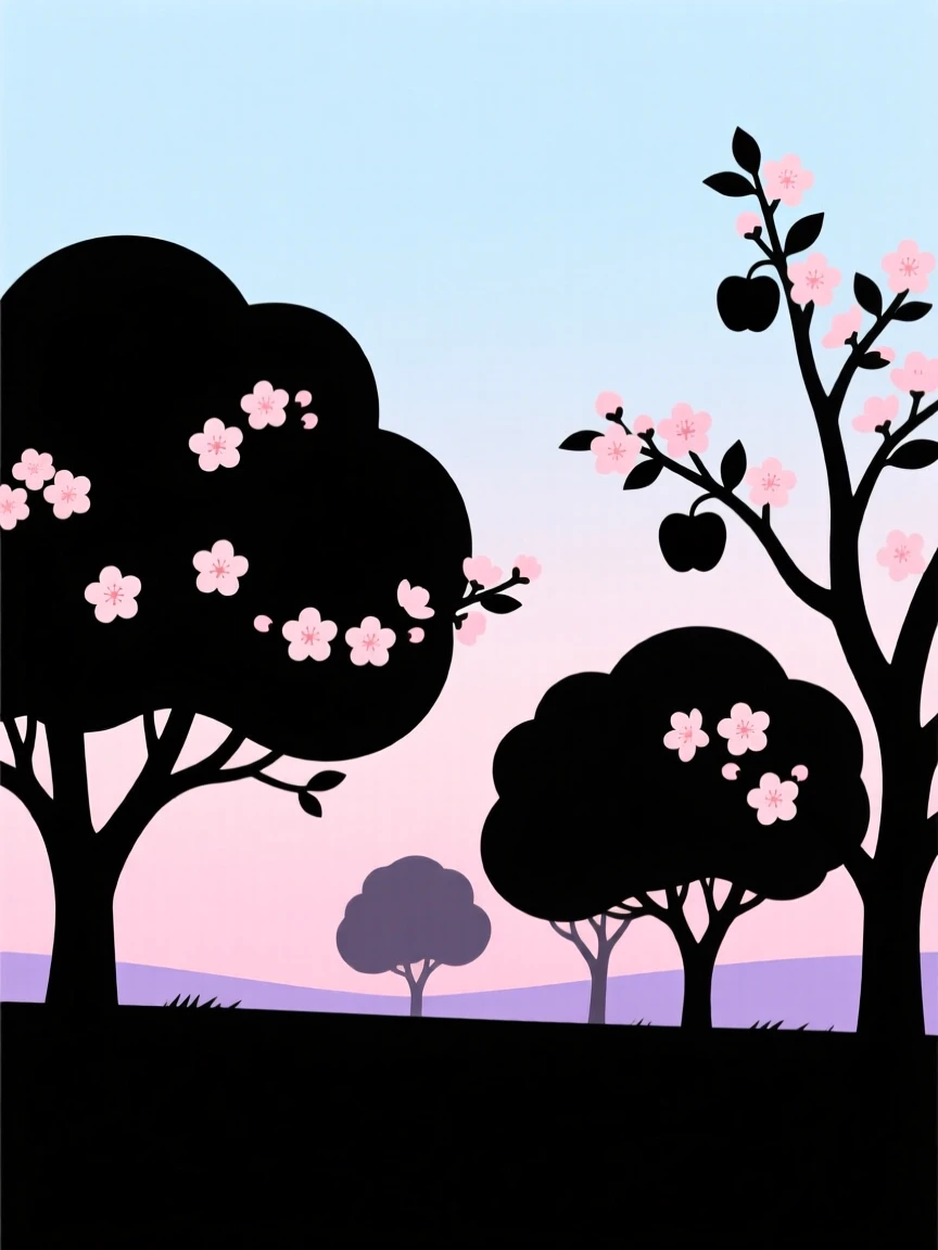 A quiet apple orchard in full bloom under a pale spring sky.
