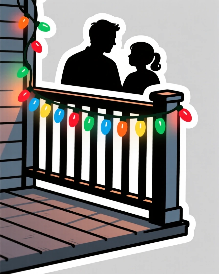 A festive and joyful string of colorful holiday lights on a porch, glowing softly in the evening light, at a joyful family gathering.