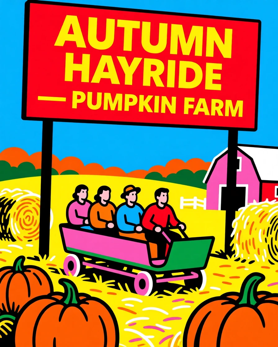 Autumn hayride through a pumpkin farm