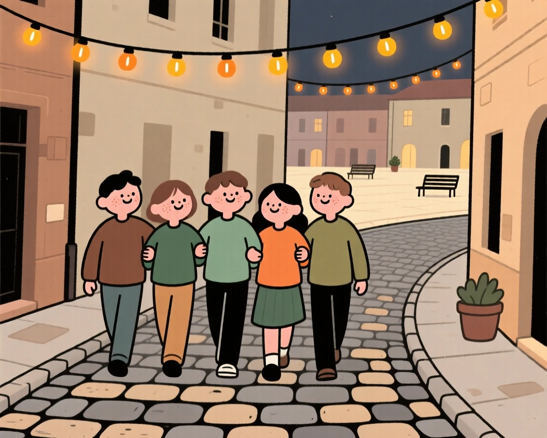 A group of friends link arms and walk down a cobblestone street lined with string lights overhead, heading toward the town square.