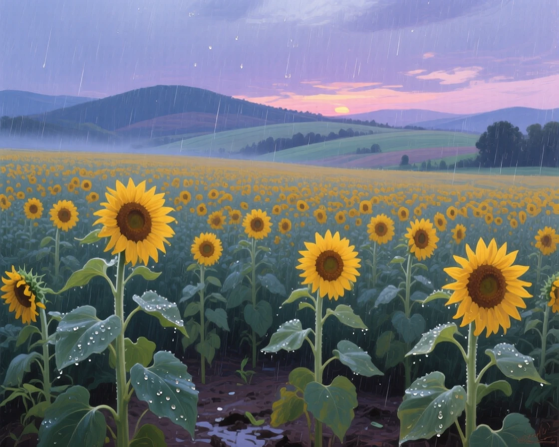 A sweeping wide shot of a sunflower field stretching toward distant hills, at twilight, during a gentle spring shower.