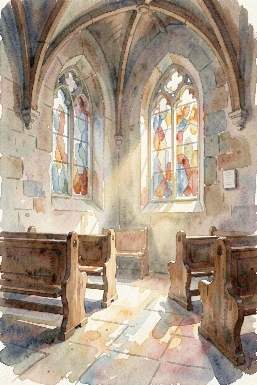 A quiet chapel with light streaming through stained glass in a moment of quiet reflection.