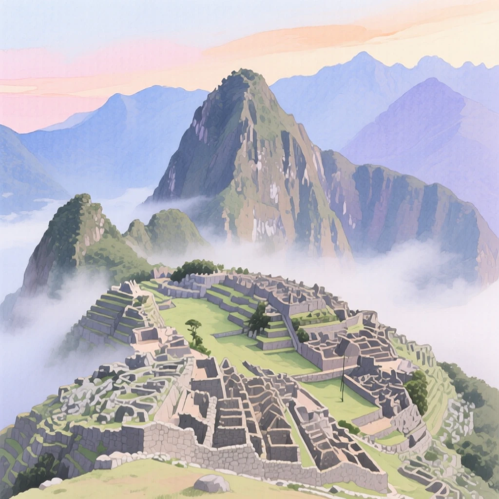 Machu Picchu emerges from the morning mist high in the Andes mountains surrounded by terraced ruins