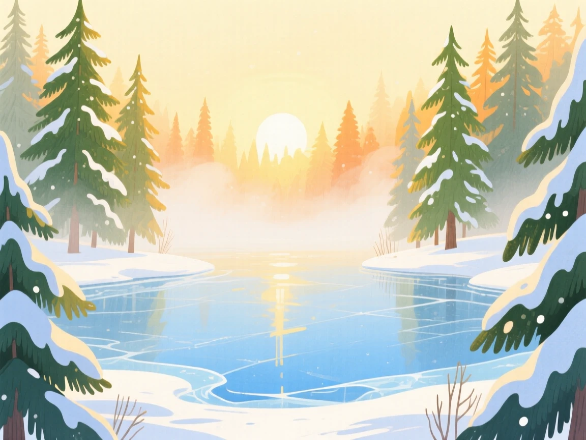 A frozen lake surrounded by snowy pines bathed in warm light under a soft blanket of fog.