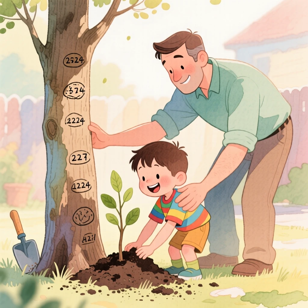 A little boy planting a tree with his father, marking his growth on its trunk each year, set against a softly blurred, dreamy background, radiating kindness, hope, and heartfelt emotion.