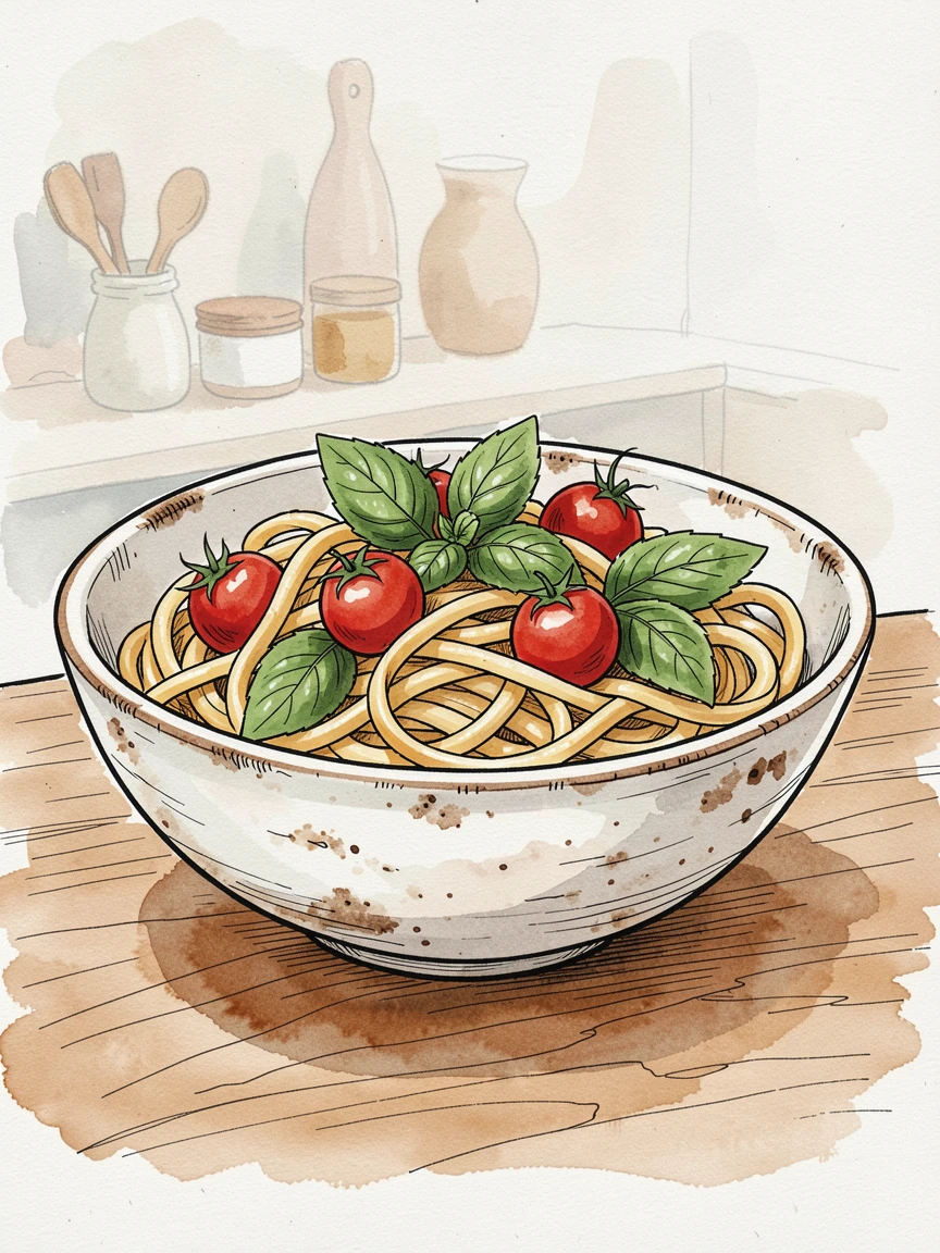 A rustic bowl of pasta tossed with fresh basil and cherry tomatoes, a cozy, homemade atmosphere filling the scene.