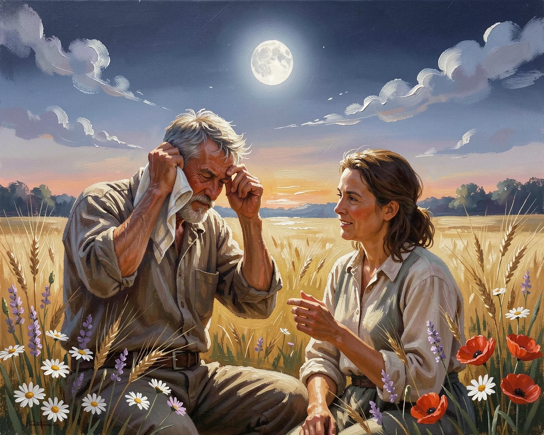 A farmer pausing to wipe his brow in a golden field, an easy, warm conversation with a companion, in a sunlit meadow scattered with wildflowers, under the gentle light of a full moon.