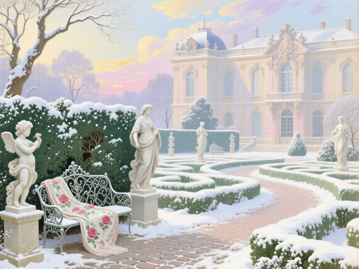 A palace garden in winter, with snow on statues and evergreen hedges  