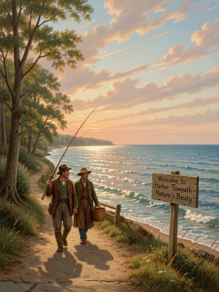 A pair of fishermen walks along the towpath of a river mouth opening onto the ocean as the current sparkles in the sun.