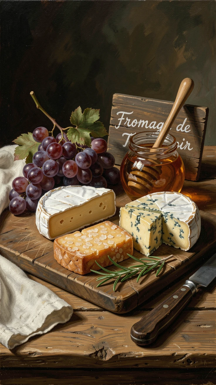 A gourmet cheese board arranged beautifully with grapes and honey, surrounded by tasteful, understated decorative details, capturing timeless beauty through carefully chosen objects