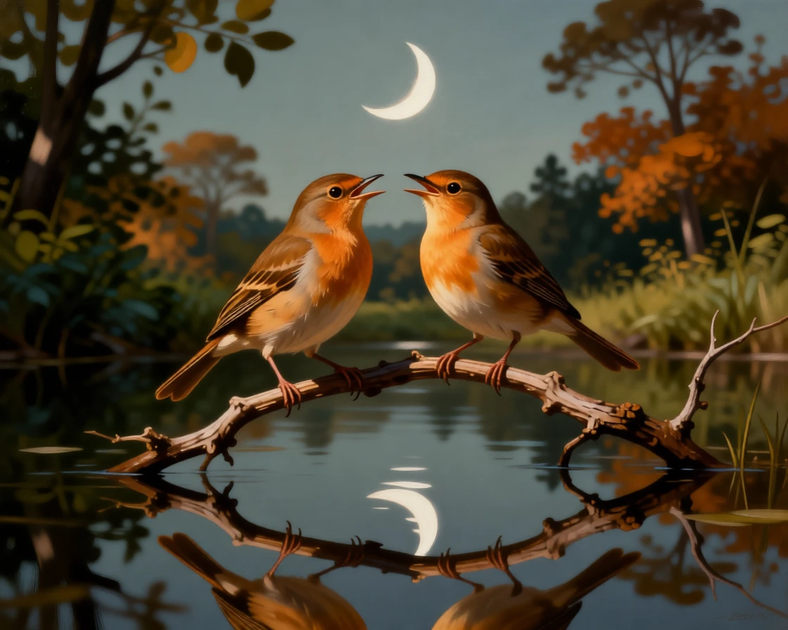 A pair of nightingales singing together beneath a crescent moon at the peaceful, unguarded heart of the natural world, set within an untouched wilderness far from human hands, with reflections in still water doubling the beauty of the moment; soft depth of field isolates the animal against a dreamlike backdrop, radiating peace, freedom, and untamed beauty.