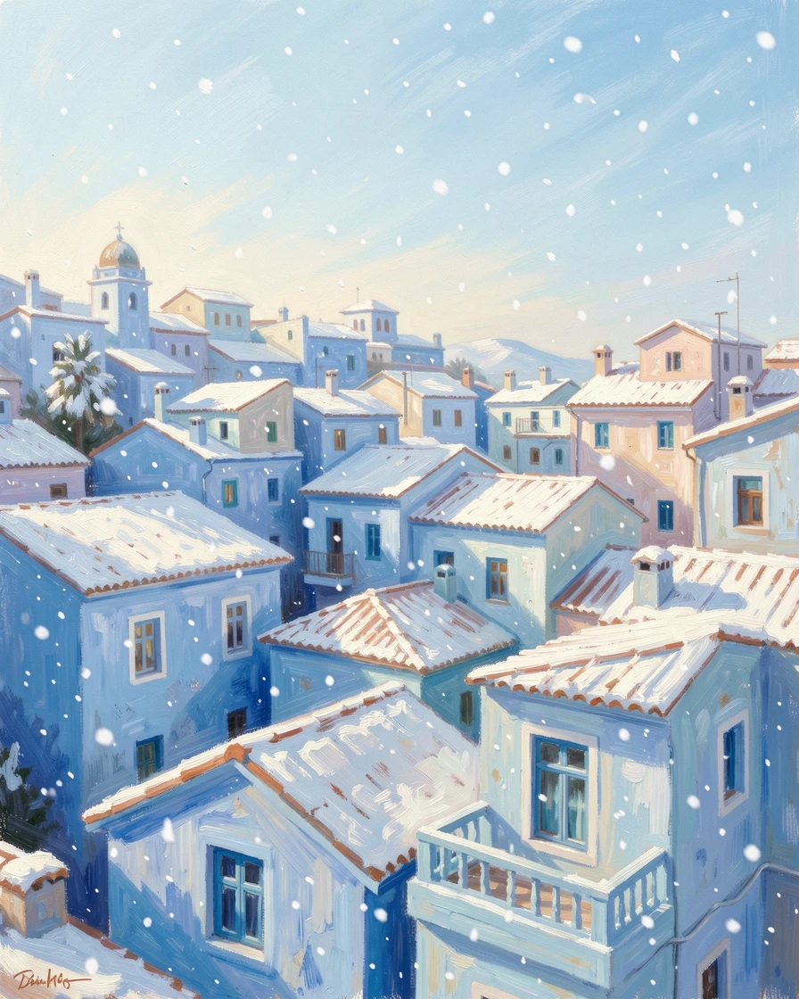 The vibrant rooftops of Chefchaouen, Morocco, painted every shade of blue beneath a bright afternoon sky, amid a gentle winter snowfall, capturing a moment of quiet intimacy.