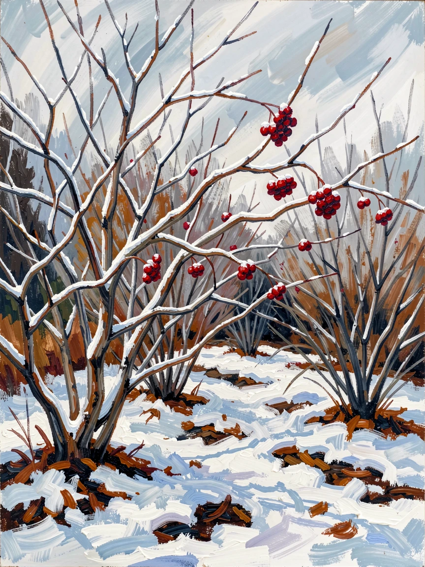 A snow-dusted garden with the last red berries clinging to bare branches.