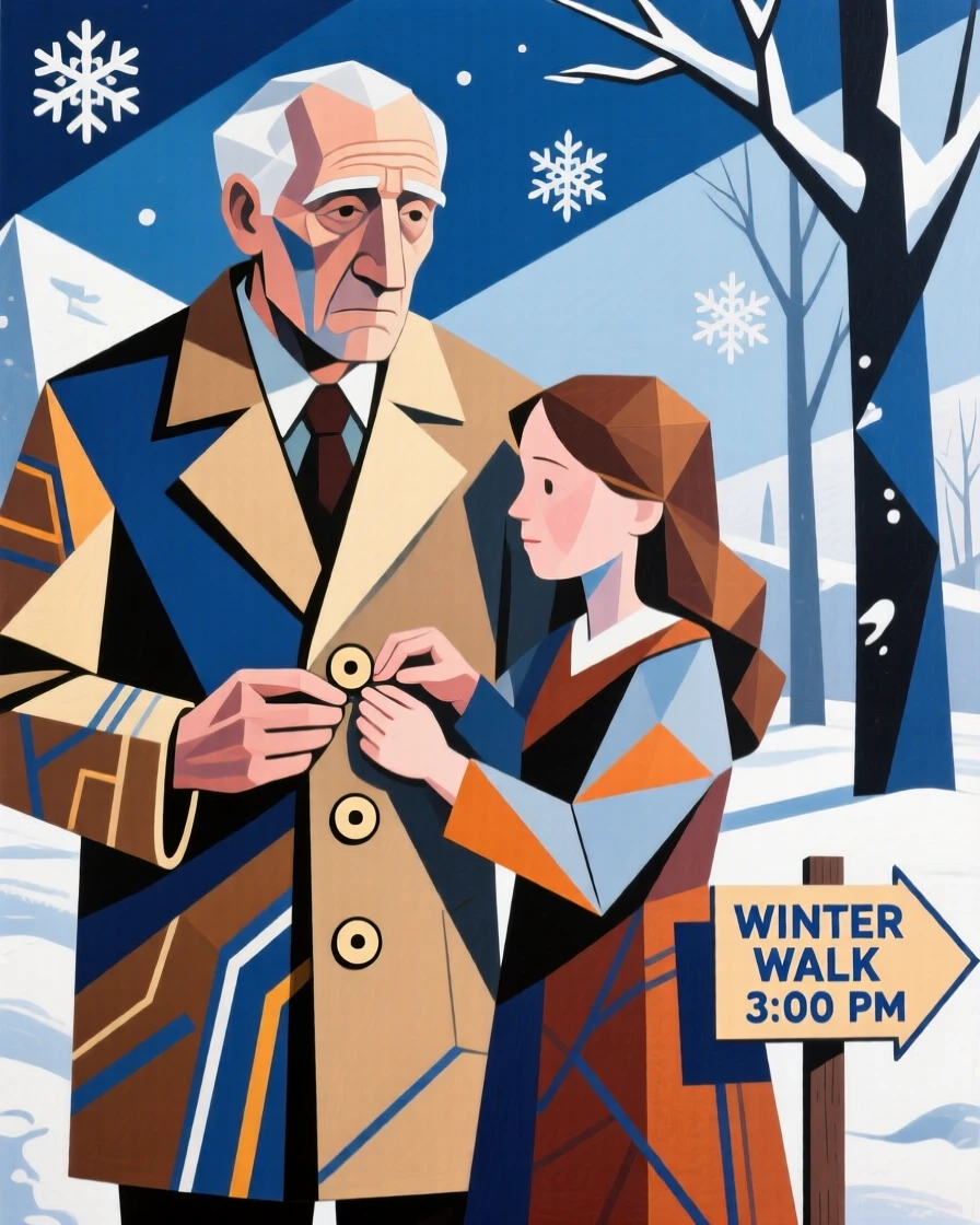 A daughter helping her aging father button his coat before a winter walk.