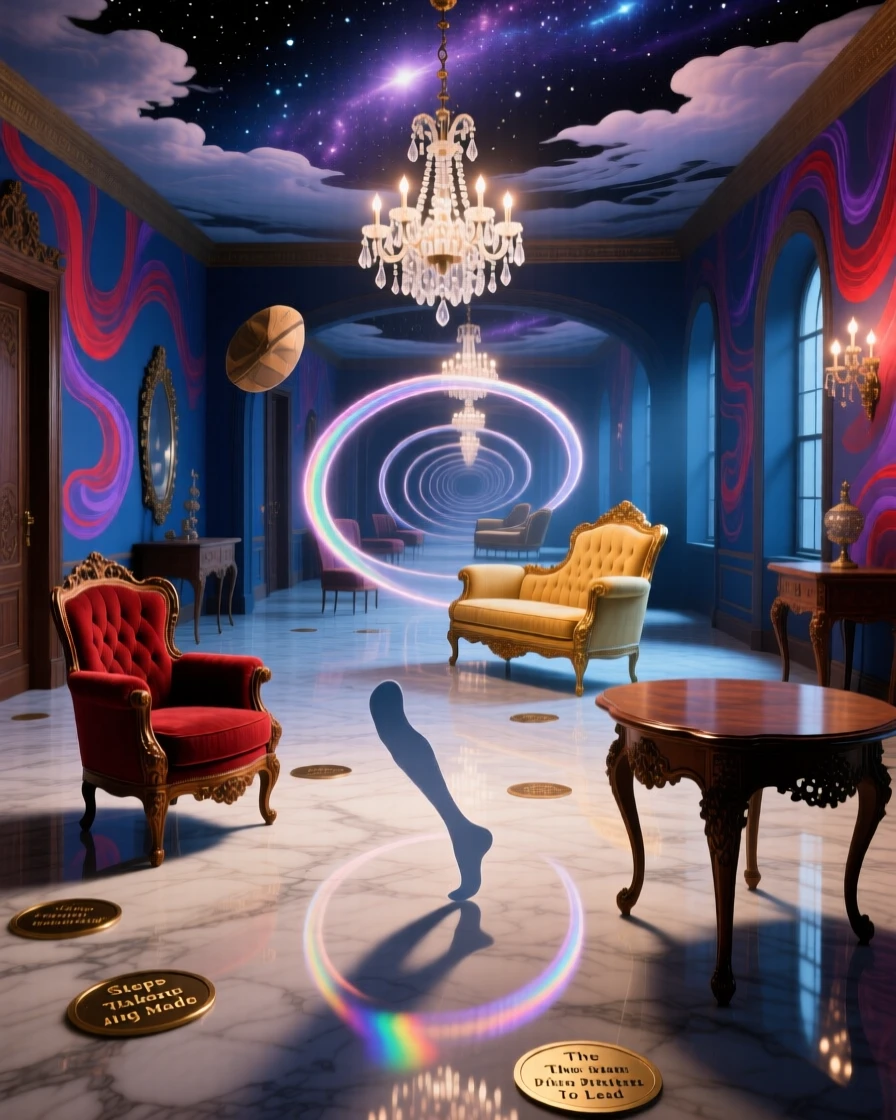 A room where furniture floats gently in slow, looping orbits repeats itself endlessly in every direction, while echoes of footsteps arrive before they are taken.