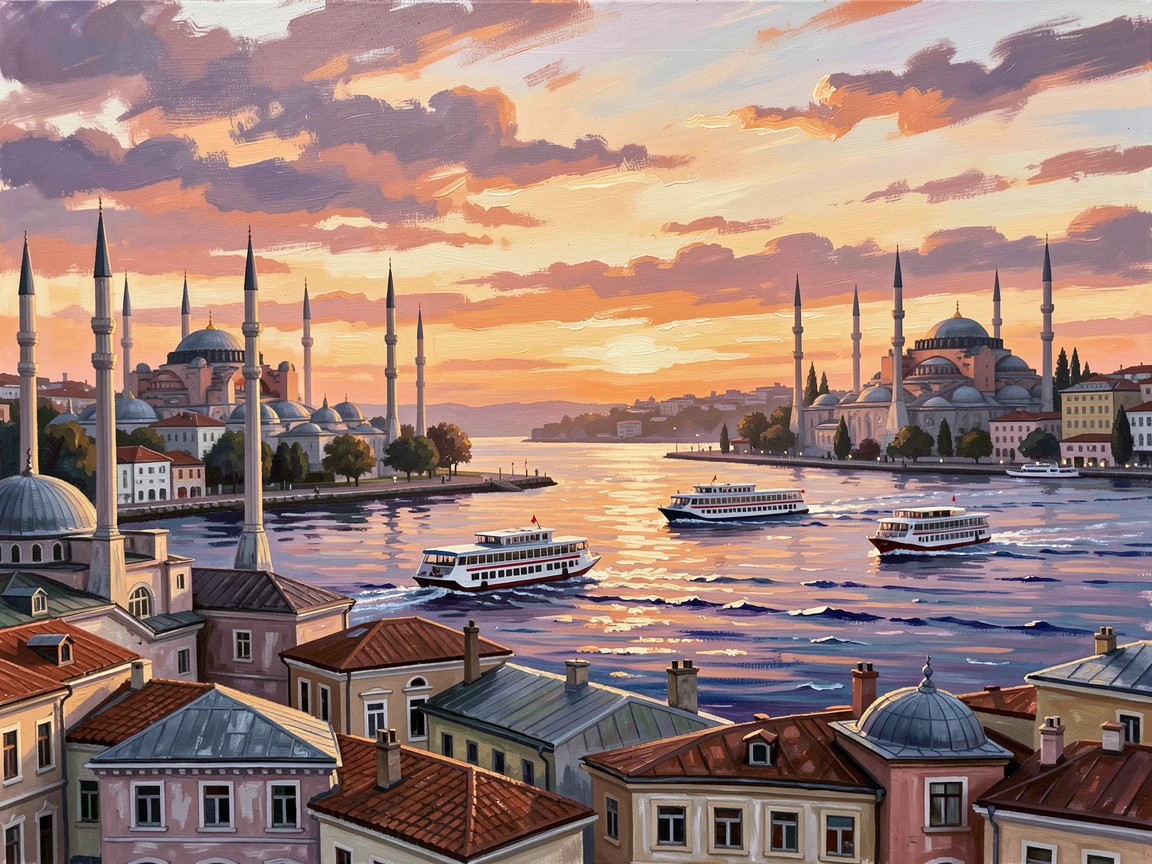 A dramatic view of Istanbul shows the skyline straddling two continents, ferries crossing the Bosphorus beneath minarets silhouetted against sunset, everything rendered with quiet clarity under the steady, natural light of the hour.