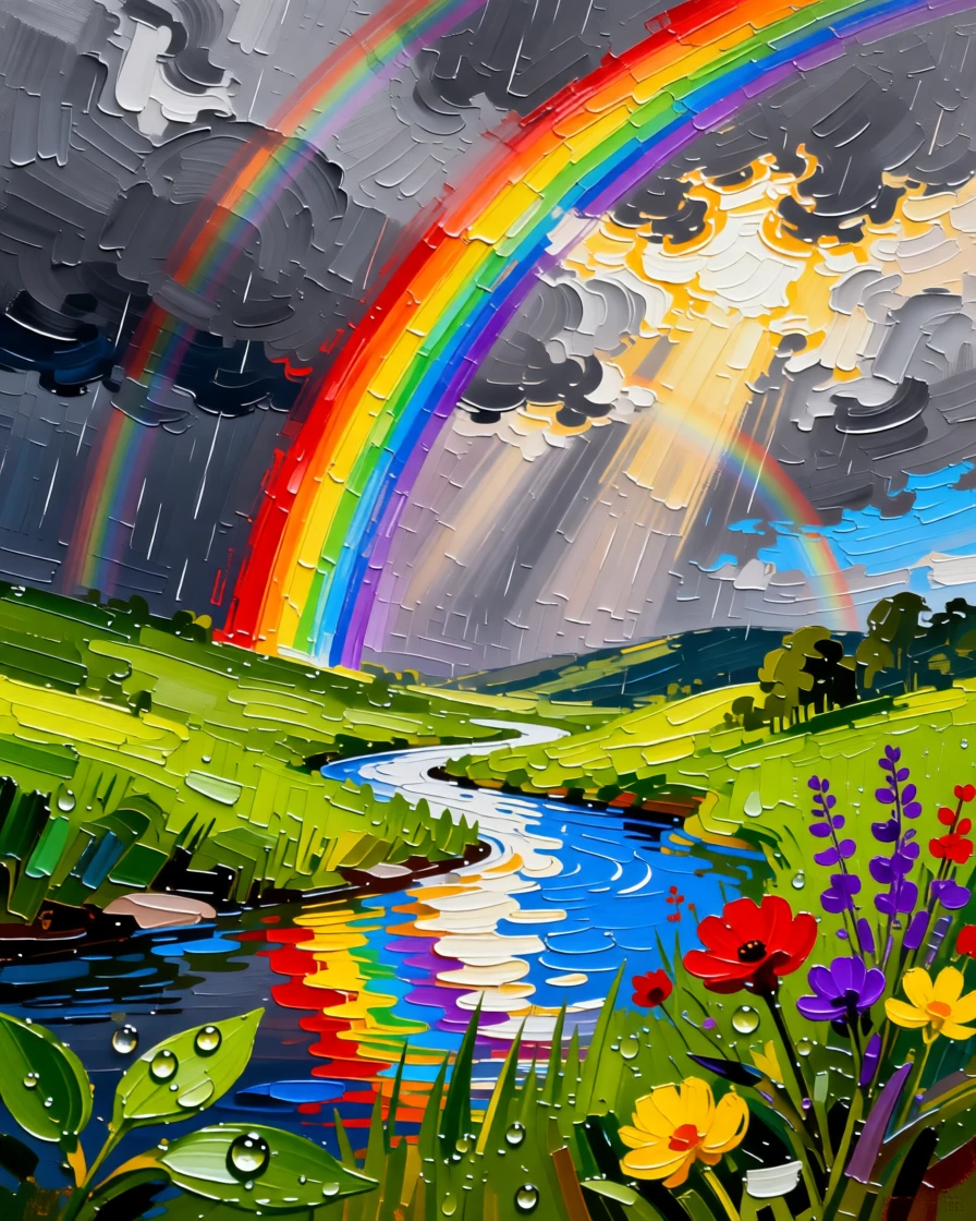 A dramatic double rainbow arching over a green valley after a summer rainstorm