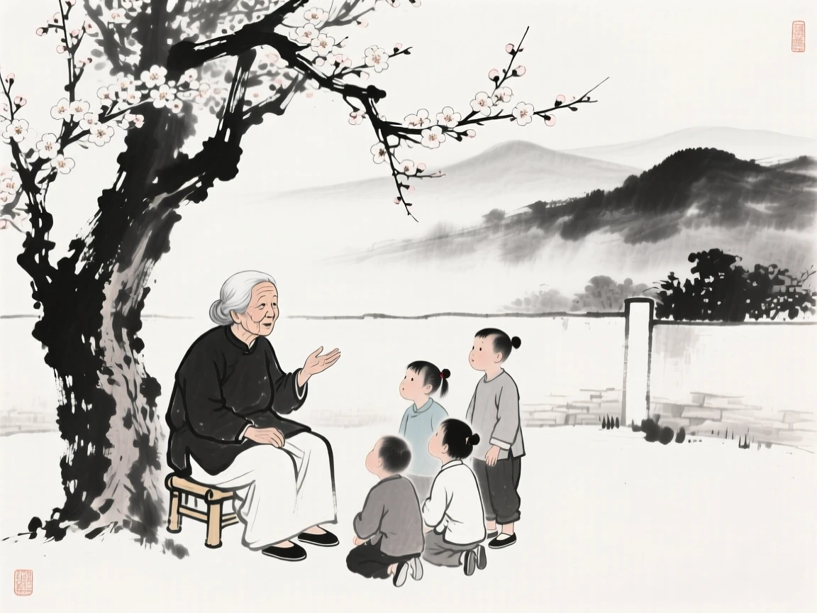 A grandmother tells a story to her grandchildren beneath a blossoming tree, with distant hills visible beyond the garden wall.