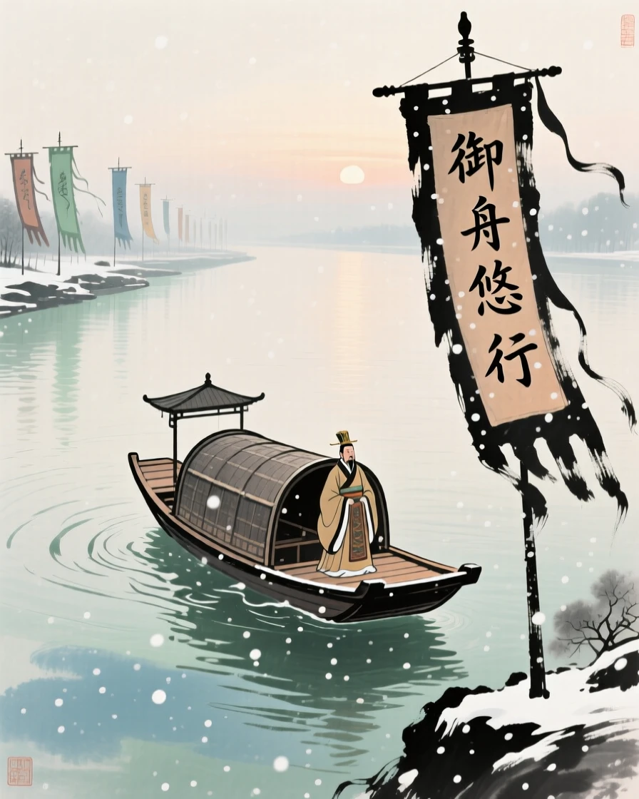 An emperor's barge gliding slowly down a wide river flanked by banners, at dawn, beneath softly falling snow.