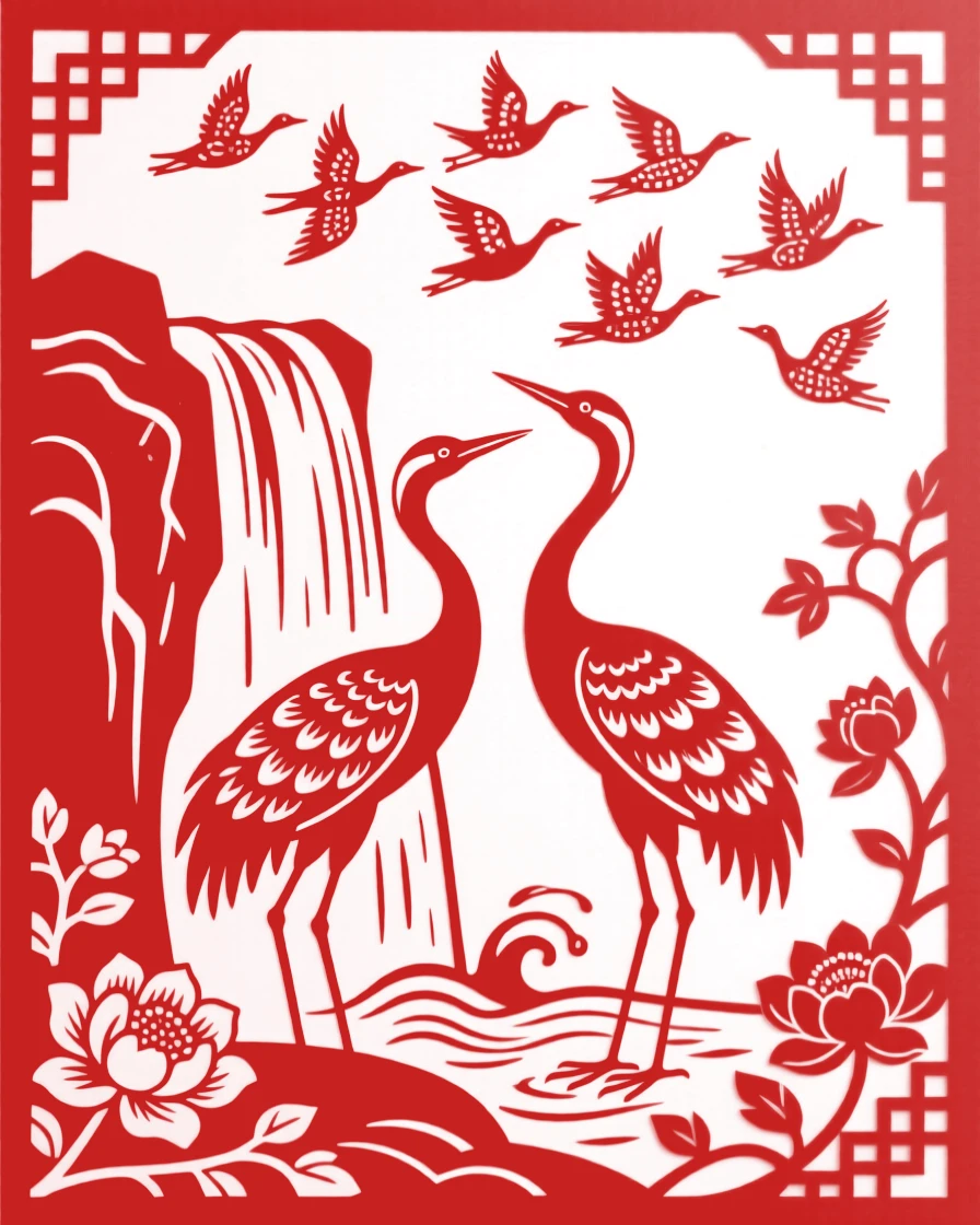 A composition of a pair of egrets beside a cascading waterfall, wild geese flying in formation overhead.