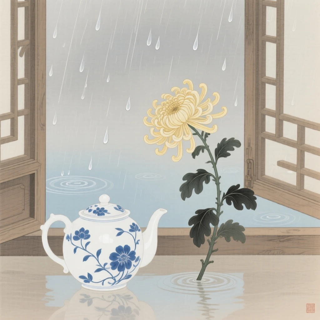 A porcelain teapot beside a single chrysanthemum beside an open window with rain falling outside