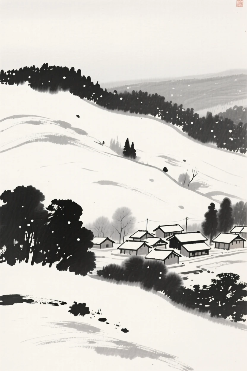 A quiet winter morning after fresh snowfall on a hillside overlooking the village below, seen from a gentle elevated view over the gathering below, suggesting nostalgia and gentle celebration.