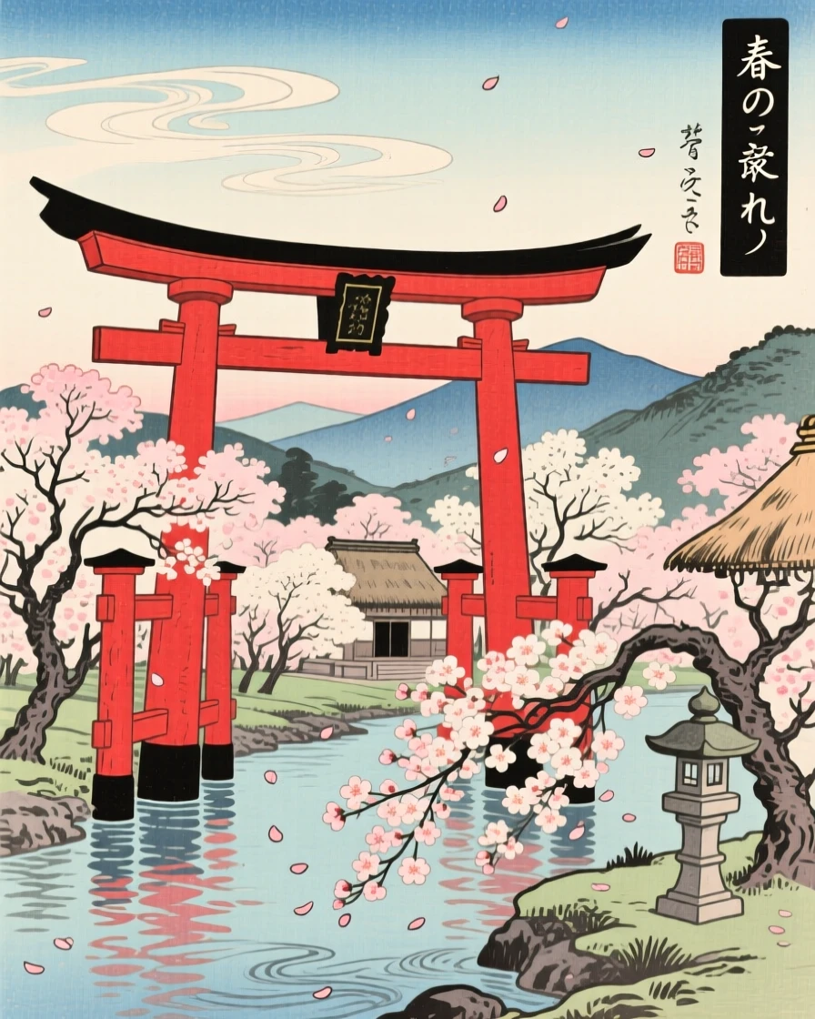 An iconic red torii gate rising above blossoming cherry trees.